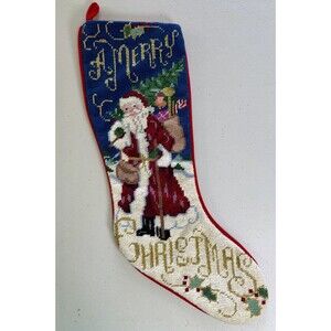 Vintage Win-Tex Handcrafted Needlepoint Santa Christmas Stocking Wool 18”
